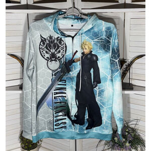 NWOT Final Fantasy teal hoodie sweatshirt gray black graphics zipper pocket sz L